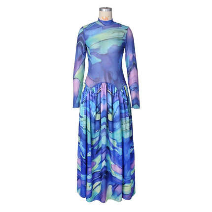 Summer Mesh Floral Print Dress Abstract Flowy Boho Style