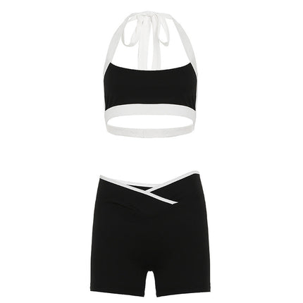 Hipsters Color Matching Short Halterneck Vest V Shaped Cropped Waist Shorts Slim Fit Yoga Sports Casual Two Piece Sets