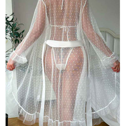 See through Nightgown Ruffled Lace up Sleepwear Set