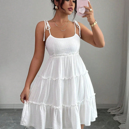 French Women Summer Short Tiered Dress Elegant Tied Suspender Dress
