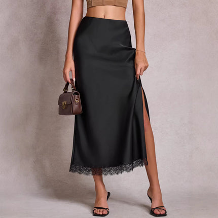Women Clothing Satin Skirt Lace Split High Waist Elastic Sexy Sheath Skirt