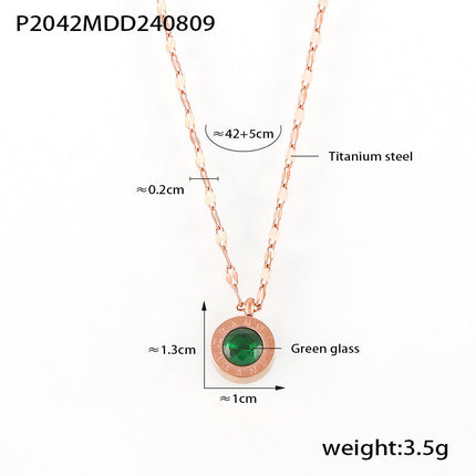 Rose Gold Roman Emerald round Glass Stone Embellished Necklace Women Retro Affordable Luxury Feeling Titanium Steel Clavicle Chain