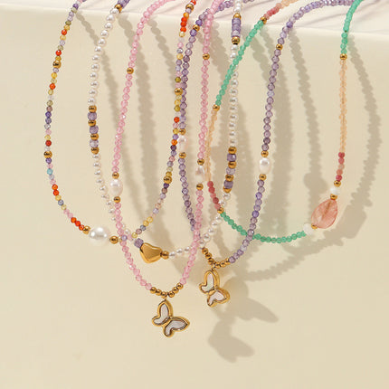 Colorful Freshwater Pearl Natural Stone Handmade Beaded Titanium Steel Necklace Niche Design Butterfly Embellished