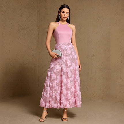 Spring Summer Print Heavy Industry Stitching Large Hem Fully Lined Evening Dress