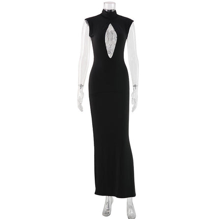 Women Clothing Black Fashionable Slim Fit Figure Flattering Stand Collar Chest Hollow Out Cutout out Mesh Stitching Mop Dress