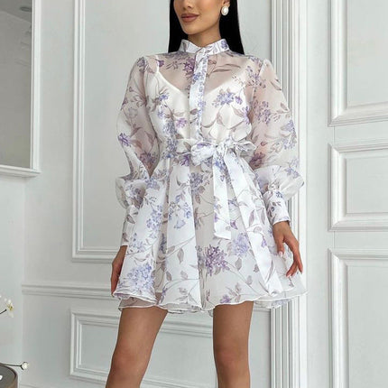 Women Elegant Stand Collar Long Sleeve Lace Printing A line Cami Dress