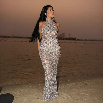 Rhinestone Halter Sleeveless Floor Dress