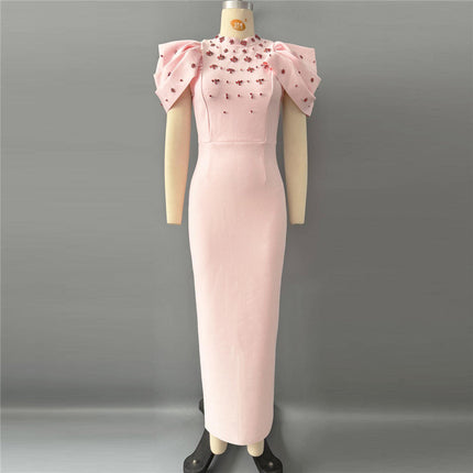 Lotus Leaf Sleeve Rhinestone Bandage One Piece Dress Ladies Party Cocktail Elegant Formal Dress