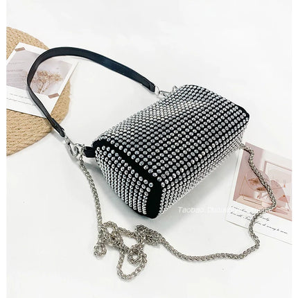 New Arrival Trendy Rhinestone Small Square Bag | Full Diamond Underarm Bag & Women's Chain Shoulder Crossbody Small Handbag (Japanese & Korean Style)
