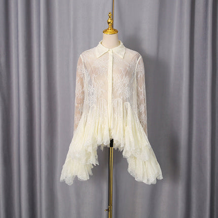 French Sexy Short Dress Spring Polo Collar Single Breasted Waist Controlled Slimming Long Sleeve Lace Stitching Dress