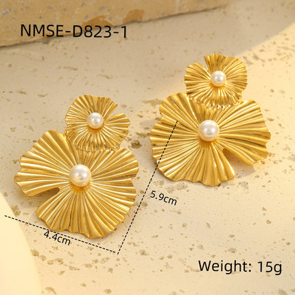 Gold Titanium Steel Petal Pearl Non Fading Stainless Steel Earrings Earrings