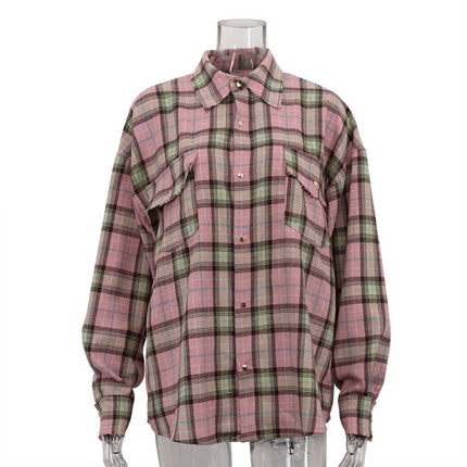Casual All Matching Plaid Shirt Women Spring Autumn Retro Lapels Long Sleeve Loose Cardigan Top Shirt
