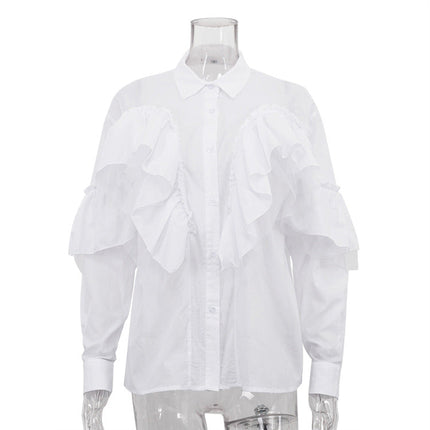 French Design Ruffled White Shirt Women Autumn Polo Collar Long Sleeve Office All Match Top