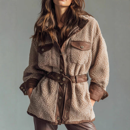 Autumn Winter Women Clothing Thickened Lamb Buy Stitching Faux Leather Pocket Leather Belt Retro Coat