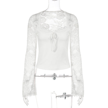Women Clothing Autumn Winter Sexy Lace Stitching See through Lace up Long Sleeve Tops