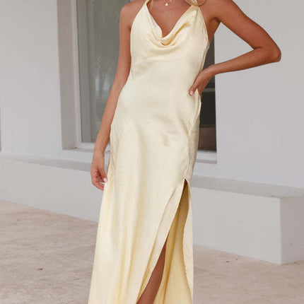 Women Summer Suspender Sexy Slit Dress Slim Fit Backless Solid Color Maxi Dress