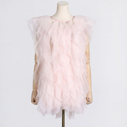 Irregular Asymmetric Ruffled Stitching See through Organza Sleeveless Sexy Dress Women