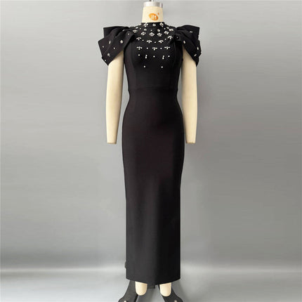 Lotus Leaf Sleeve Rhinestone Bandage One Piece Dress Ladies Party Cocktail Elegant Formal Dress