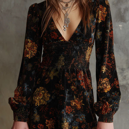 Elegant Floral Print V neck Velvet Dress Sexy Waist Trimming Long Sleeve Short Dress