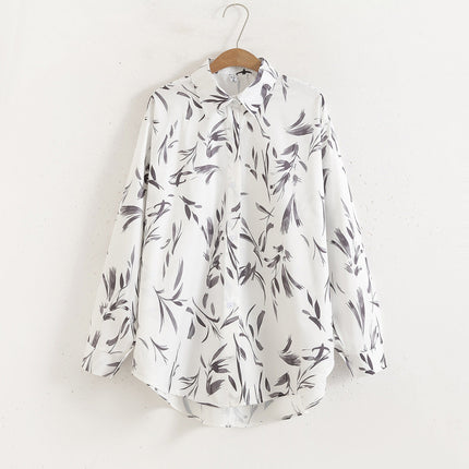Women Floral Print Loose Collared Long Sleeves Shirt Washable ink print blouse