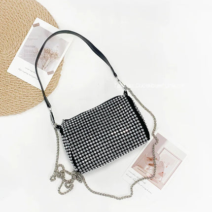 New Arrival Trendy Rhinestone Small Square Bag | Full Diamond Underarm Bag & Women's Chain Shoulder Crossbody Small Handbag (Japanese & Korean Style)
