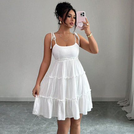 French Women Summer Short Tiered Dress Elegant Tied Suspender Dress