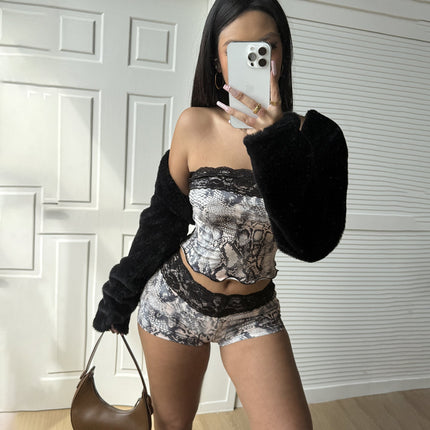 Goth Print Two Piece Lace Bottoms Set