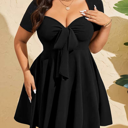 Black Women Wear Elegant Pinch Pleated V neck Lace up Short Sleeve A line Short Dress