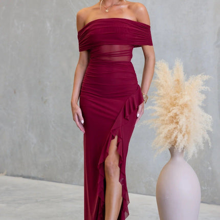 Split Ruffled Solid Color Hollow Out Cutout Mesh Sheath Dress