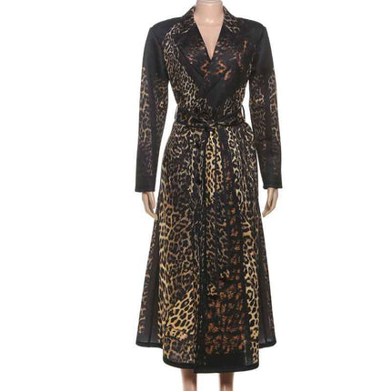 Leopard Pattern print Casual Bandage Trench Jacket