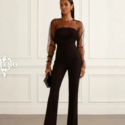 Women Sexy Tube Top Mesh Stitching Slim Fit Hip Raise Jumpsuit Trousers