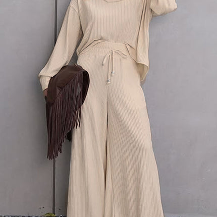 Women Clothing Casual Turtleneck Long Sleeve Loose Fitting Wide Leg Trousers Casual Two Piece Sets Autumn Winter