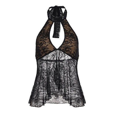 Dark Sexy Nightclub Trendy Halterneck Vest Women Lace Hollow Out Cutout Mesh Lace up Backless Top