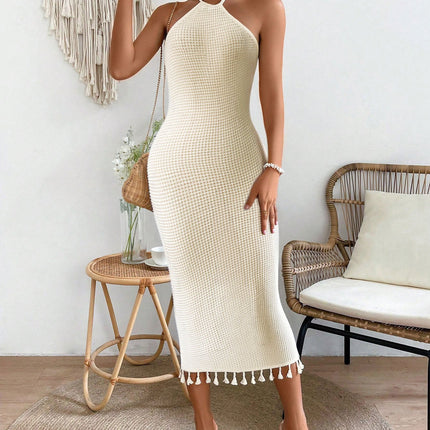 Summer Vacation Tassel Dress Halter Lace up Cami Dress Elegant Travel Knitted Midi Dress
