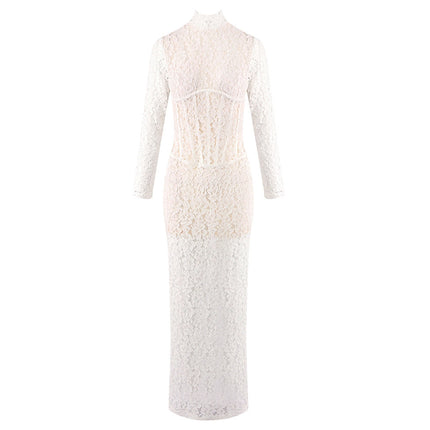 Women Clothing Sexy Hollow Out Cutout out Lace Pattern See through Slim Fit Maxi Dress