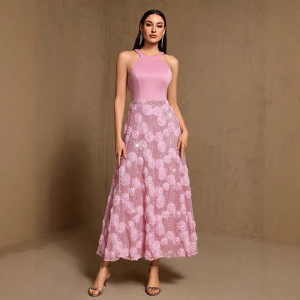 Spring Summer Print Heavy Industry Stitching Large Hem Fully Lined Evening Dress