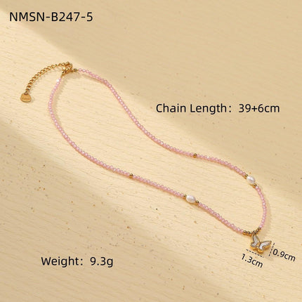 Colorful Freshwater Pearl Natural Stone Handmade Beaded Titanium Steel Necklace Niche Design Butterfly Embellished
