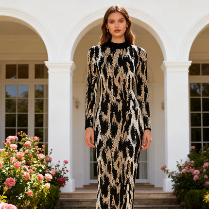 Spring Sexy Sexy Trendy Waist Slimming Leopard Print Turtleneck Sheath Dress Women