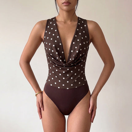 Retro Lightly Mature Polka Dot Deep V Plunge Swing Collar Sleeveless Leotard