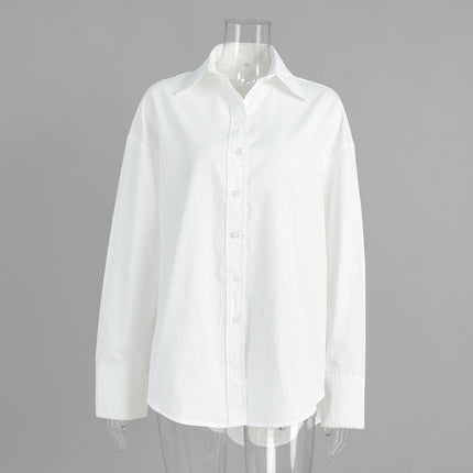 Simple White Long-Sleeved Shirt Fall Lapels Single Breasted Shirt Pure Cotton Loose Shirt Women