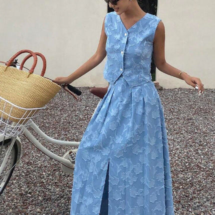 Women Casual Fashionable Stylish Jacquard Vest Nipped Waist Skirt Two Piece Sets