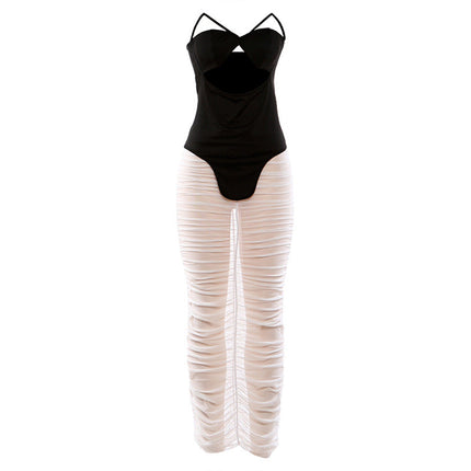 Spring Women Sexy Tube Top Hollow Out Cutout out Top Solid Color Pleated Transparent Skirt Two Piece Sets