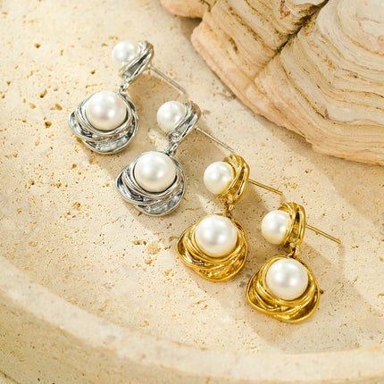 Retro Easy Matching High Grade round Winding Pearl Embellished Stainless Steel 18K Gold Plating Stud Earrings Women