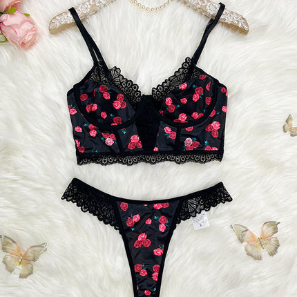 Rose Printed Lace Underwear Set Push up Lingerie