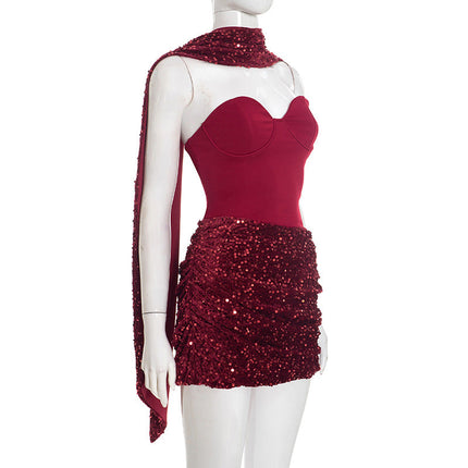 Halter Ribbon Asymmetric Pleated Draped Mini Dress