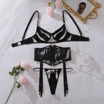 PU Leather Stitching Mesh Lingerie Three Piece Set