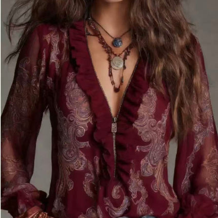 Romantic Boh Deep V Plunge neck Paisley Ruffled Chiffon Shirt