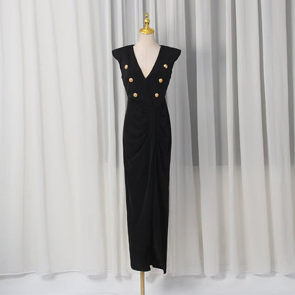 Spring V neck Sleeveless Design Split Dress Tight Waist Slimming Metal Decorative Dress Women