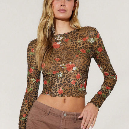 Spring Women Leopard Print Floral Printed Mesh round Neck Short Long Sleeved T shirt Top