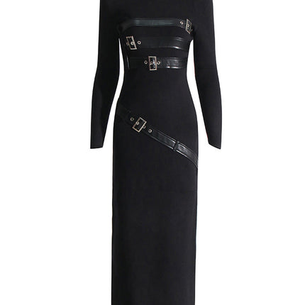 Turtleneck Solid Color Dress Spring High Grade Long Sleeve Split Metal Decorative Dress Women